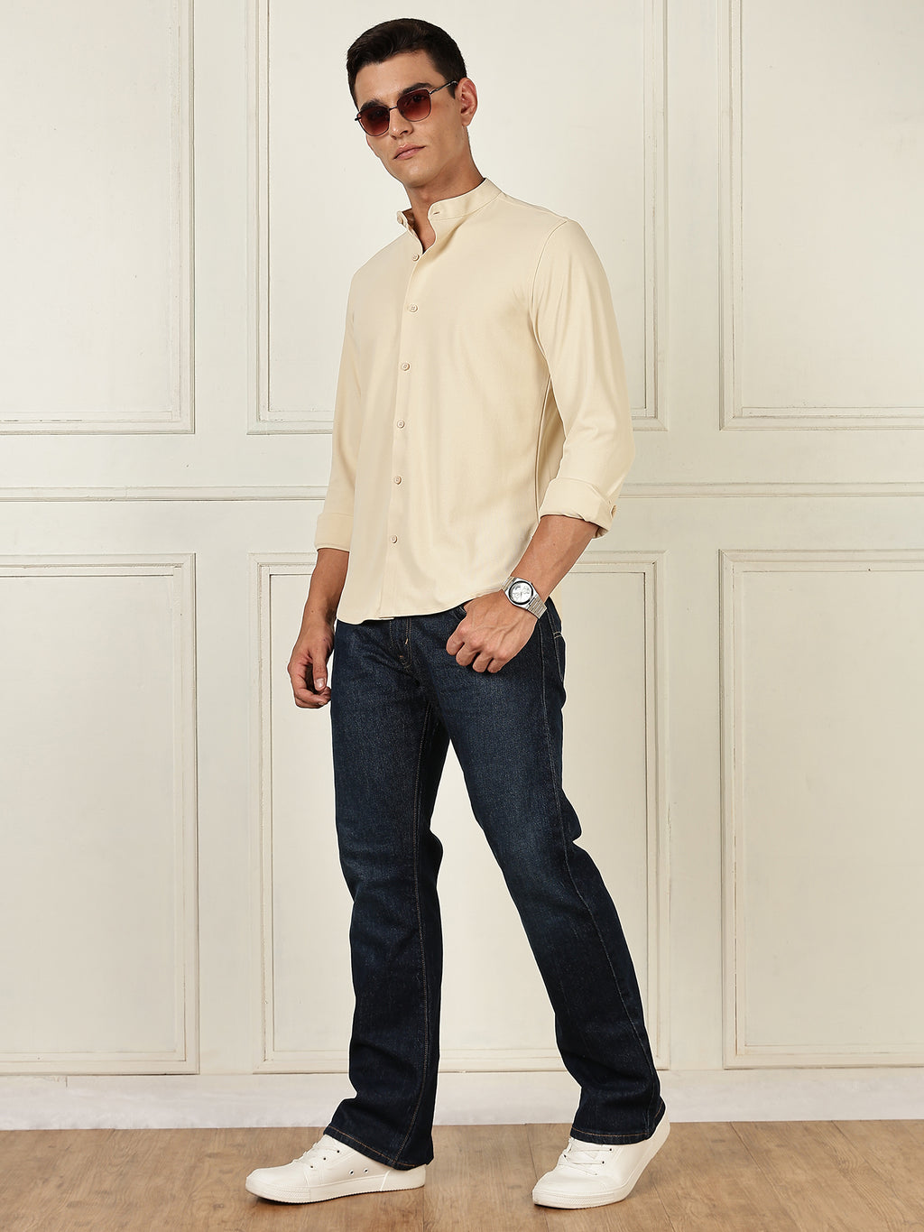 Thomas Scott Men Beige Premium Slim Fit Long Sleeves Mandarin Collar 4 Way Stretch CoolMax Knitted Shirt