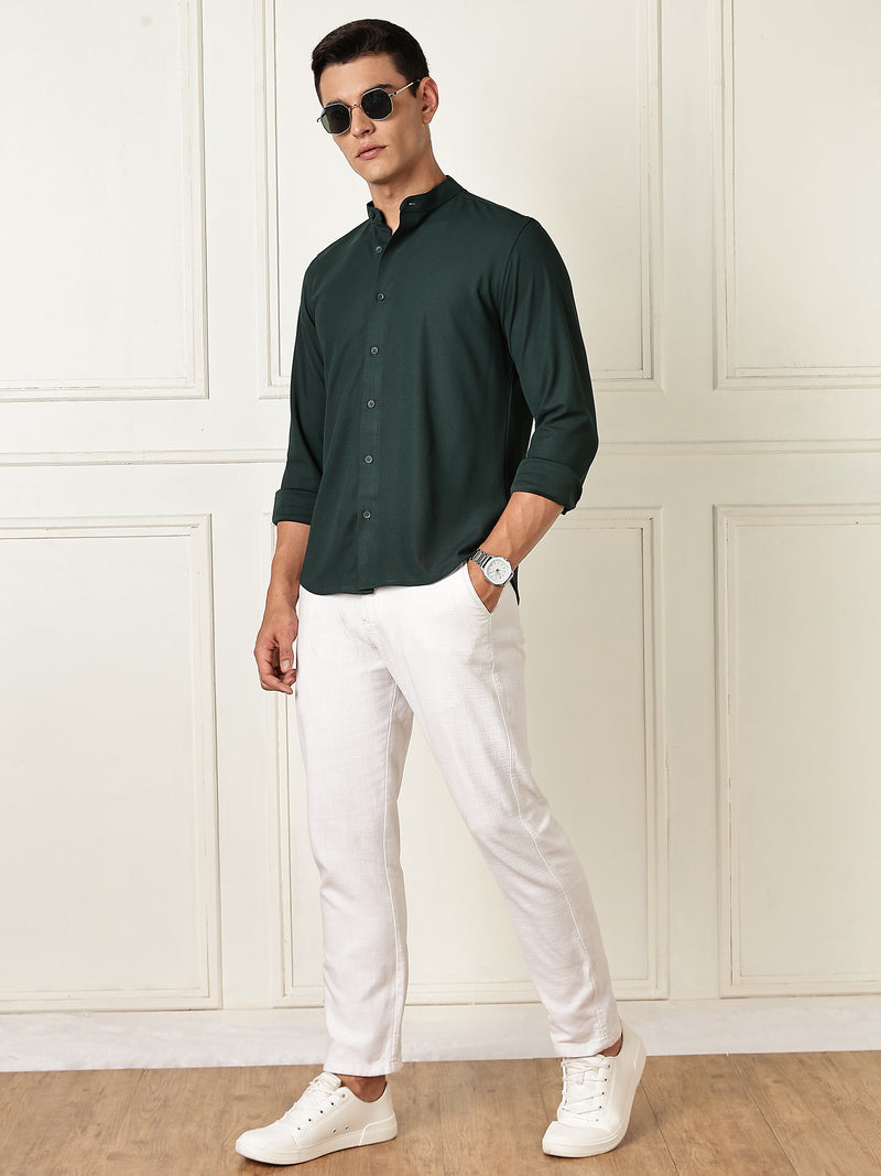 Thomas Scott Men Green Premium Slim Fit Long Sleeves Mandarin Collar 4 Way Stretch CoolMax Knitted Shirt