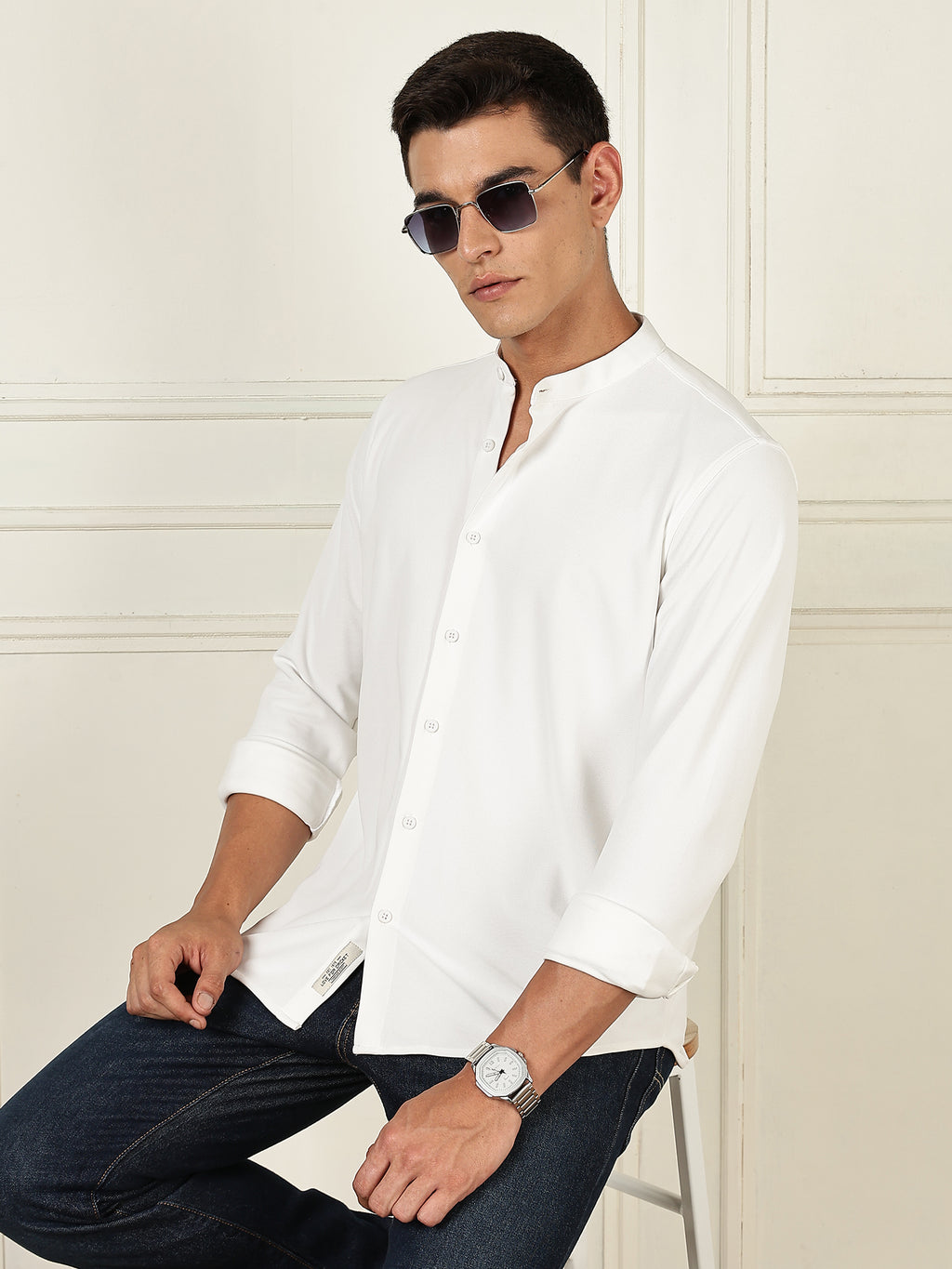 Thomas Scott Men White Premium Slim Fit Long Sleeves Mandarin Collar 4 Way Stretch CoolMax Knitted Shirt