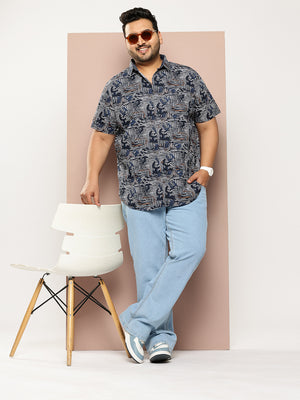 Thomas Scott Men Navy Plus Size Regular Fit Short Sleeves Graphic Print Woven Casual Shirt