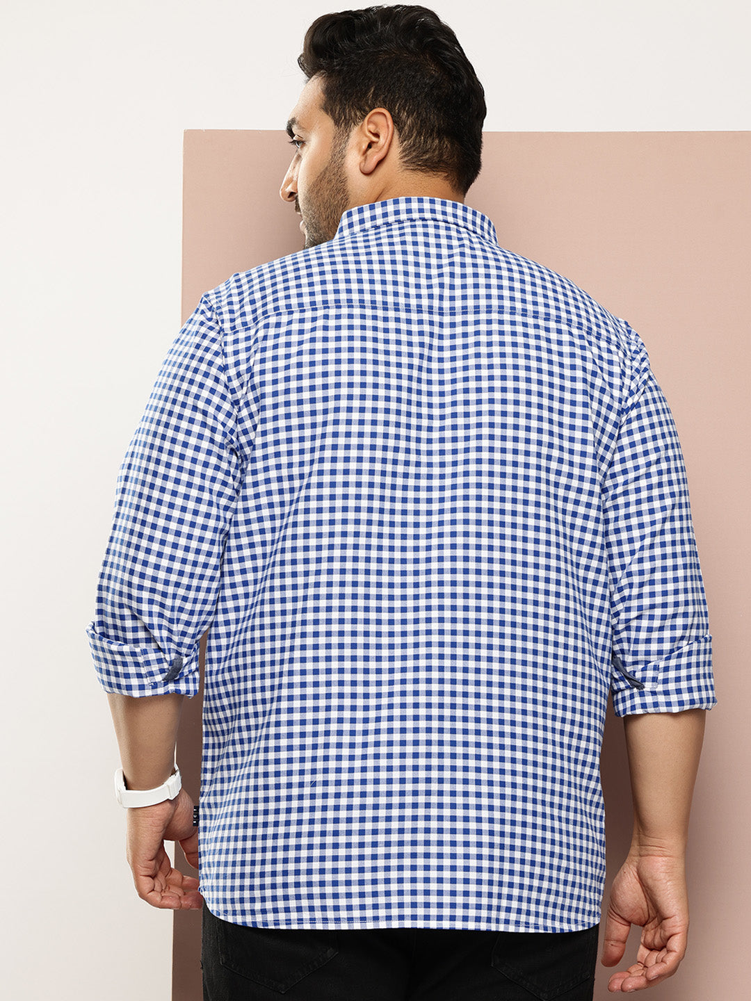 Thomas Scott Men RoyalBlue Plus Size Regular Fit Long Sleeves Gingham Checks Woven Casual Shirt
