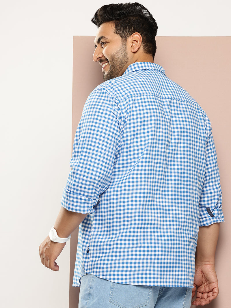 Thomas Scott Men Blue Plus Size Regular Fit Long Sleeves Gingham Checks Woven Casual Shirt