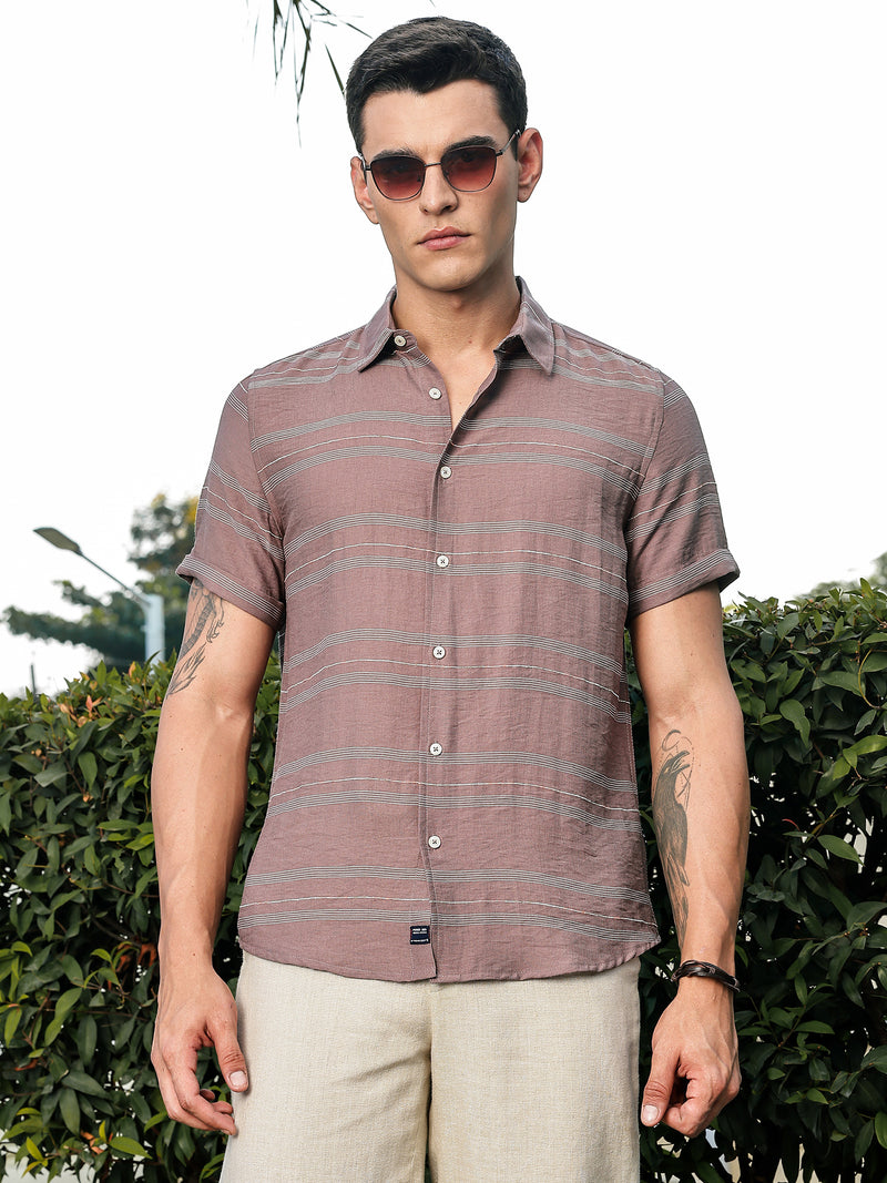 Thomas Scott Men Brown Slim Fit Short Sleeves Horizontal Stripes Woven Casual Shirt