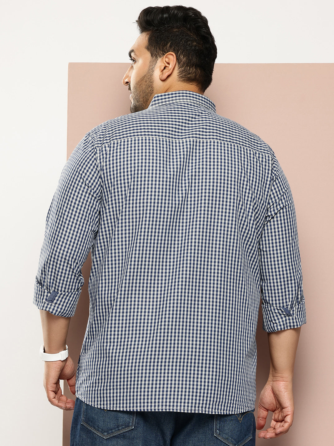 Thomas Scott Men Navy Plus Size Regular Fit Long Sleeves Gingham Checks Woven Casual Shirt