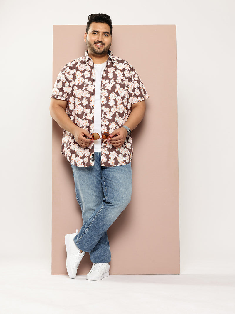 Thomas Scott Men Brown Plus Size Regular Fit Short Sleeves Floral Printed Woven Casual Shirt