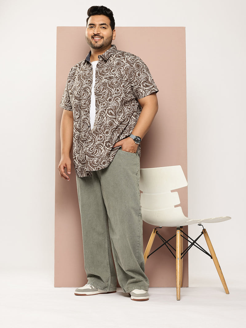 Thomas Scott Men Green Plus Size Regular Fit Short Sleeves Abstract Print Woven Casual Shirt