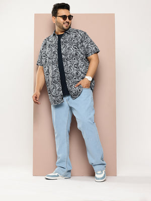 Thomas Scott Men Navy Plus Size Regular Fit Short Sleeves Abstract Print Woven Casual Shirt