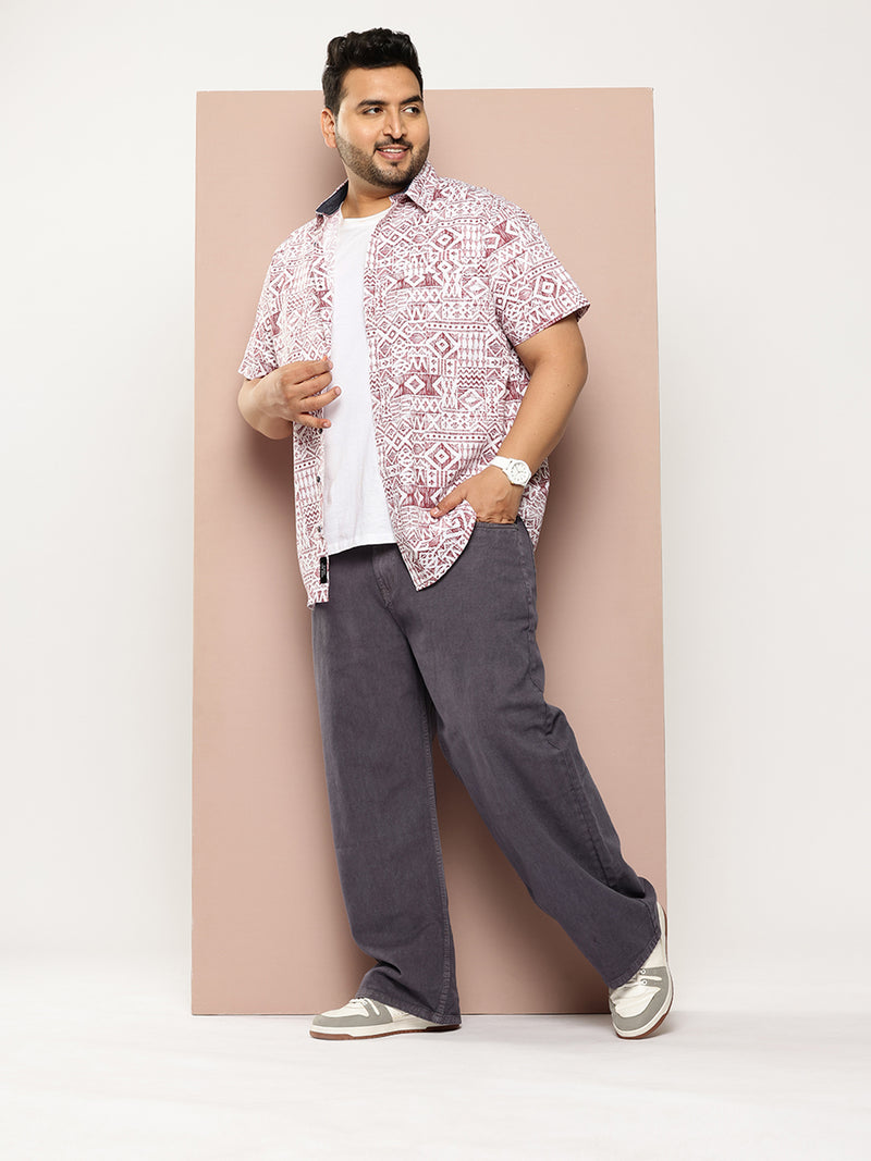Thomas Scott Men Red Plus Size Regular Fit Short Sleeves Geometric Print Woven Casual Shirt