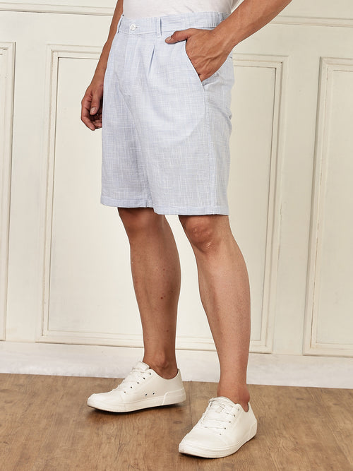 Thomas Scott Men Blue Mid-Rise Straight Fit Micro Checks Woven Linen Shorts