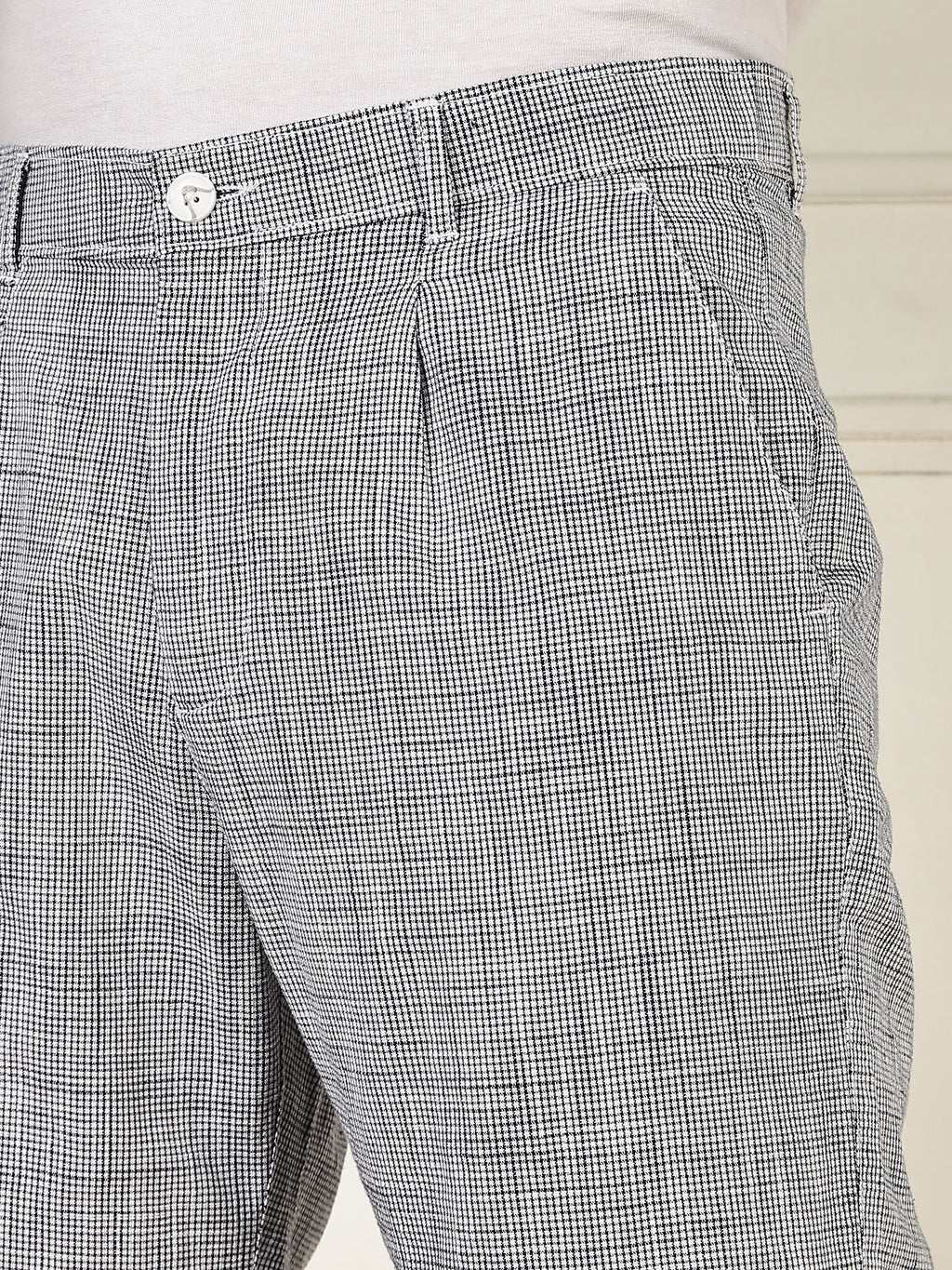 Thomas Scott Men Navy Mid-Rise Straight Fit Micro Checks Woven Linen Shorts