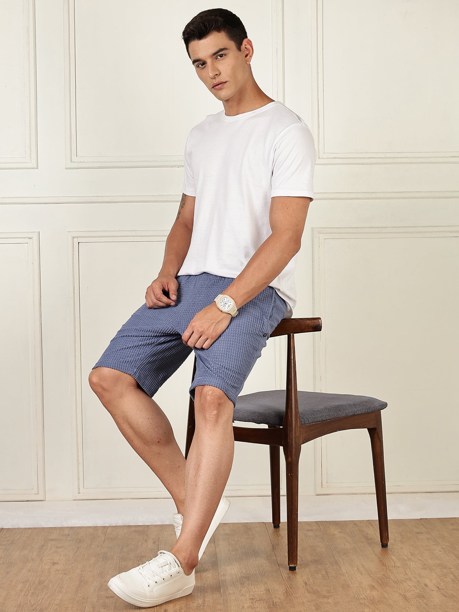 Thomas Scott Men Blue Mid-Rise Regular Fit Self Design Knee Length Knitted Shorts