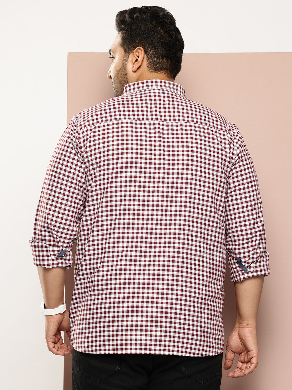 Thomas Scott Men Maroon Plus Size Regular Fit Long Sleeves Gingham Checks Woven Shirt