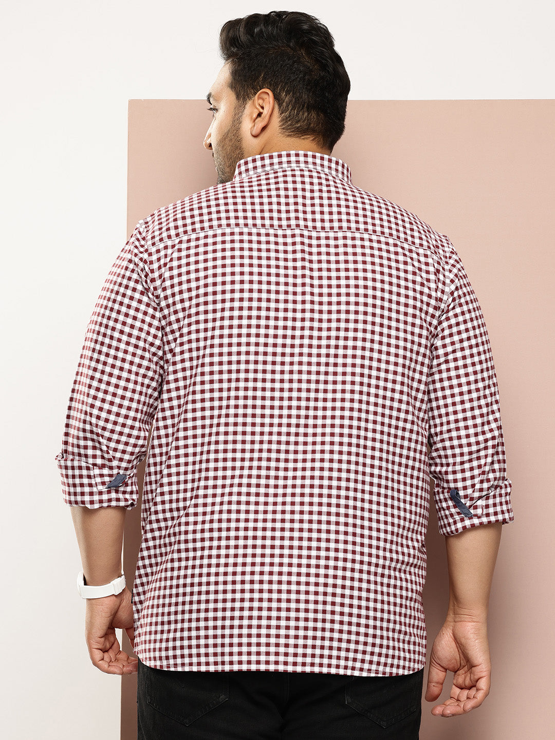 Thomas Scott Men Maroon Plus Size Regular Fit Long Sleeves Gingham Checks Woven Shirt