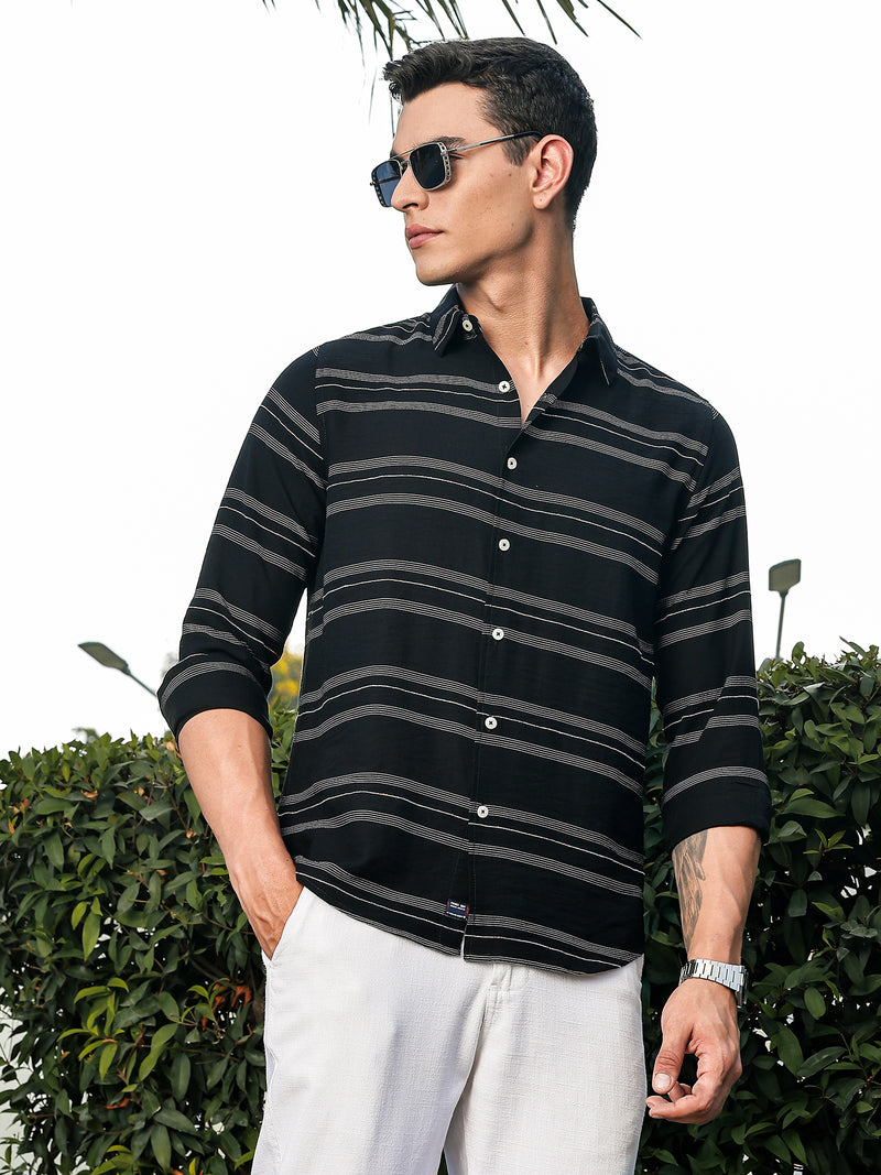 Thomas Scott Men Black Slim Fit Long Sleeves Horizontal Stripes Casual Shirt