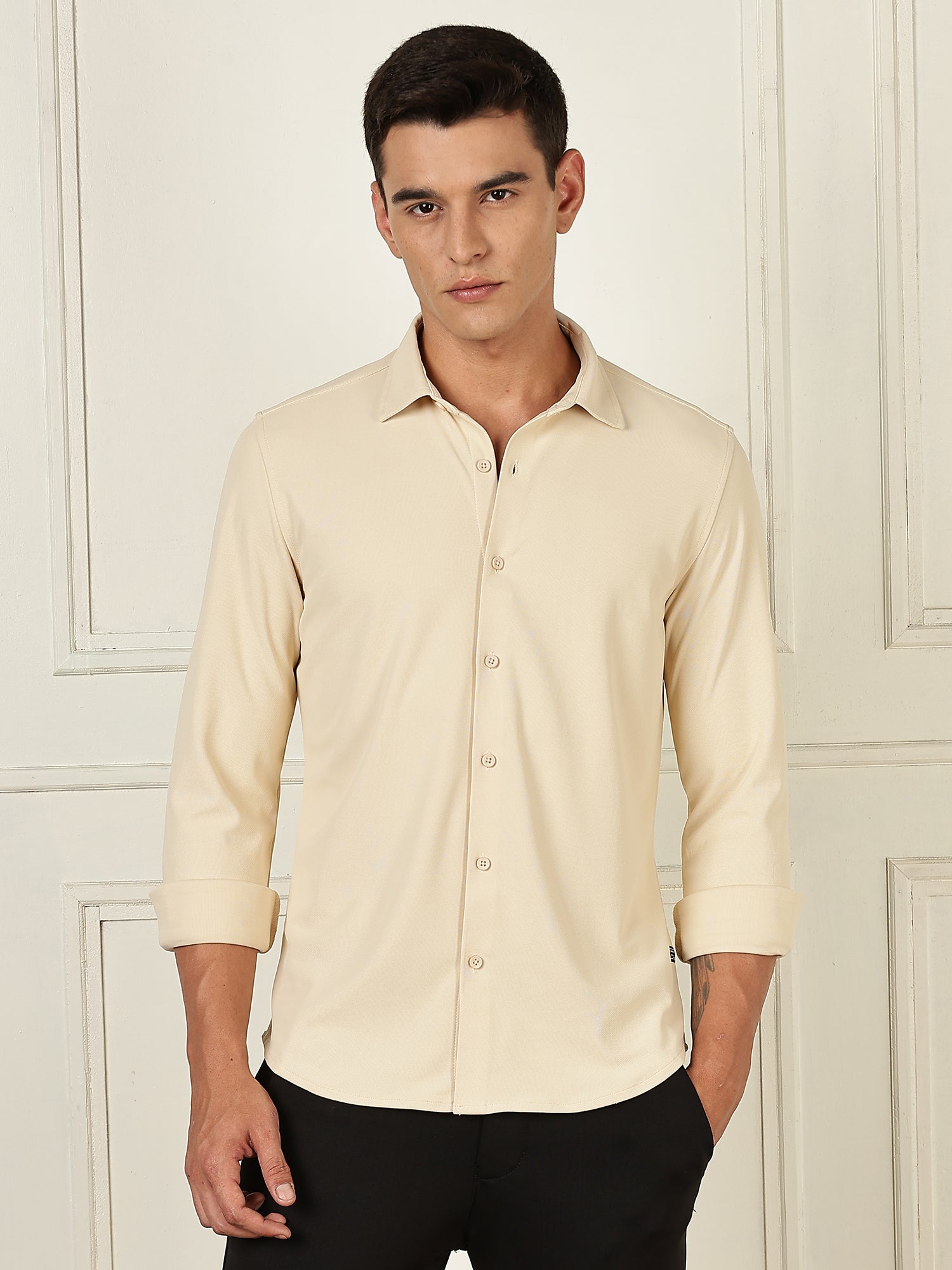 Thomas Scott Men Beige Premium Slim Fit Long Sleeves 4 Way Stretch CoolMax Knitted Casual Shirt