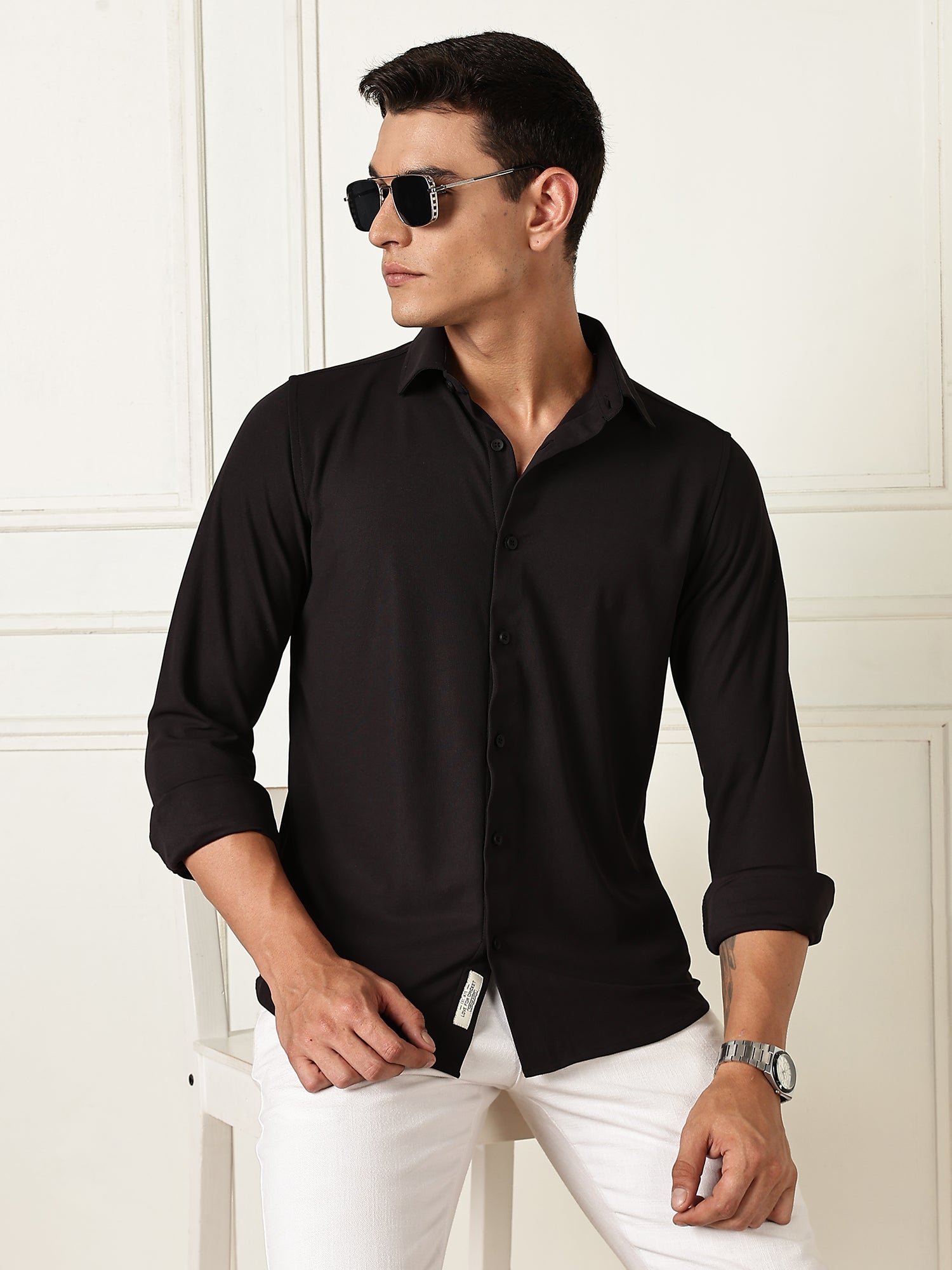 Thomas Scott Men Black Premium Slim Fit Long Sleeves 4 Way Stretch CoolMax Knitted Casual Shirt