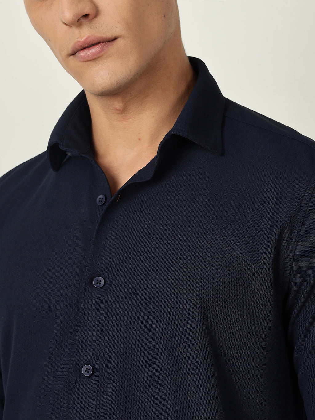 Thomas Scott Men Navy Premium Slim Fit Long Sleeves 4 Way Stretch CoolMax Knitted Casual Shirt