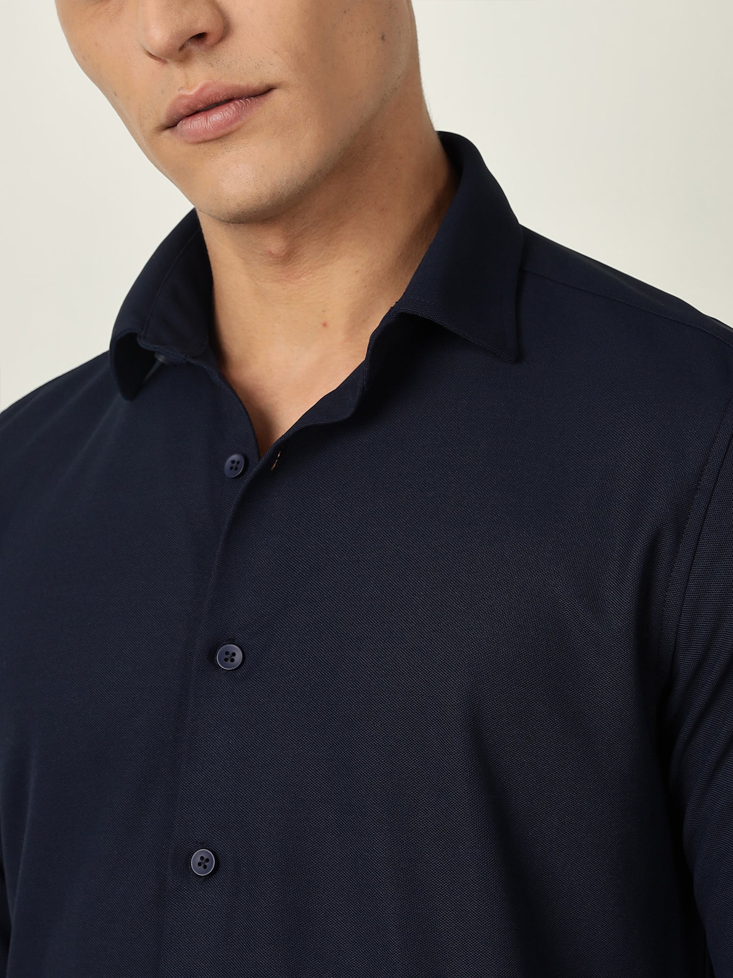 Thomas Scott Men Navy Premium Slim Fit Long Sleeves 4 Way Stretch CoolMax Knitted Casual Shirt