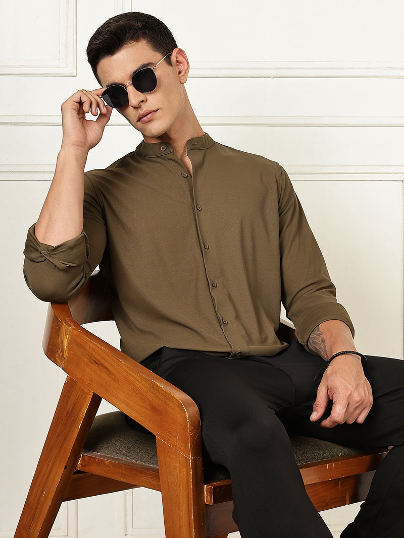 Thomas Scott Men Olive Premium Slim Fit Long Sleeves Mandarin Collar 4 Way Stretch CoolMax Knitted Shirt