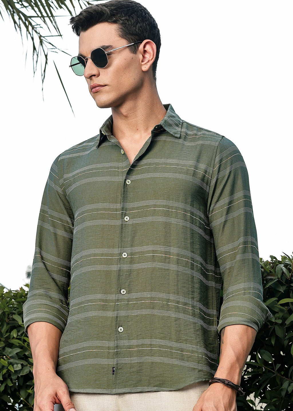 Thomas Scott Men Olive Slim Fit Long Sleeves Horizontal Stripes Casual Shirt