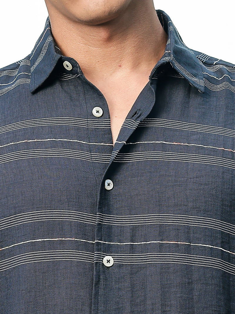 Thomas Scott Men Peacock Slim Fit Short Sleeves Horizontal Stripes Woven Casual Shirt