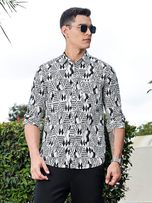 Thomas Scott Men Black Regular Fit Long Sleeves Geometric Print Pure Cotton Casual Shirt