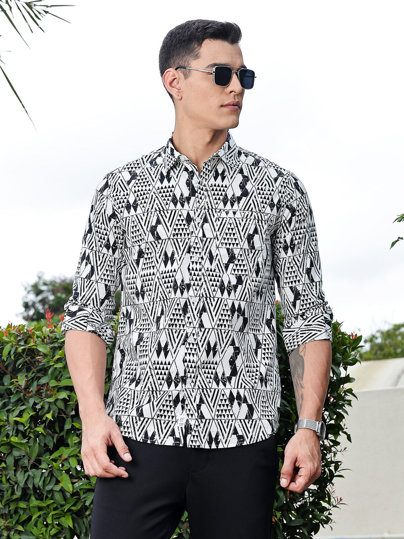 Thomas Scott Men Black Regular Fit Long Sleeves Geometric Print Pure Cotton Casual Shirt