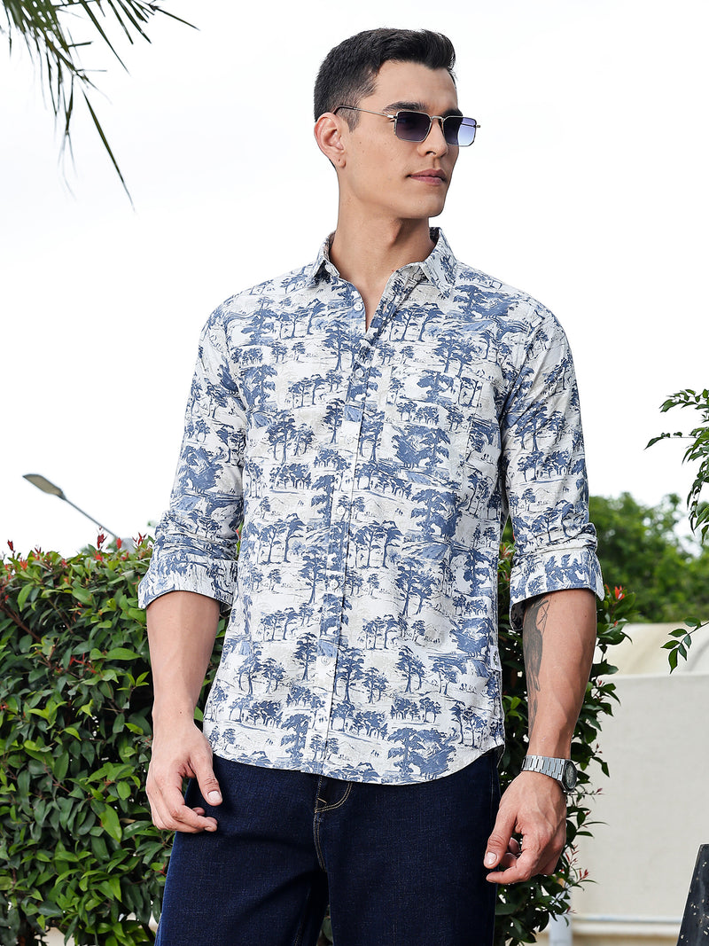 Thomas Scott Men Blue Regular Fit Long Sleeves Geometric Print Pure Cotton Casual Shirt