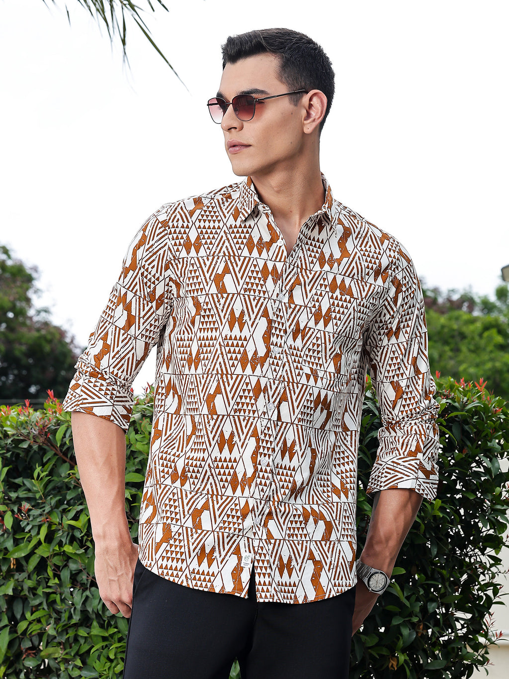 Thomas Scott Men Brown Regular Fit Long Sleeves Geometric Print Pure Cotton Casual Shirt