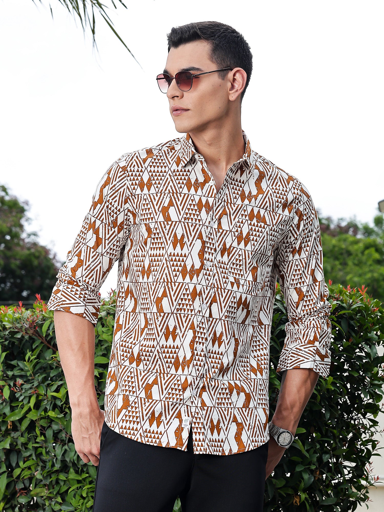 Thomas Scott Men Brown Regular Fit Long Sleeves Geometric Print Pure Cotton Casual Shirt