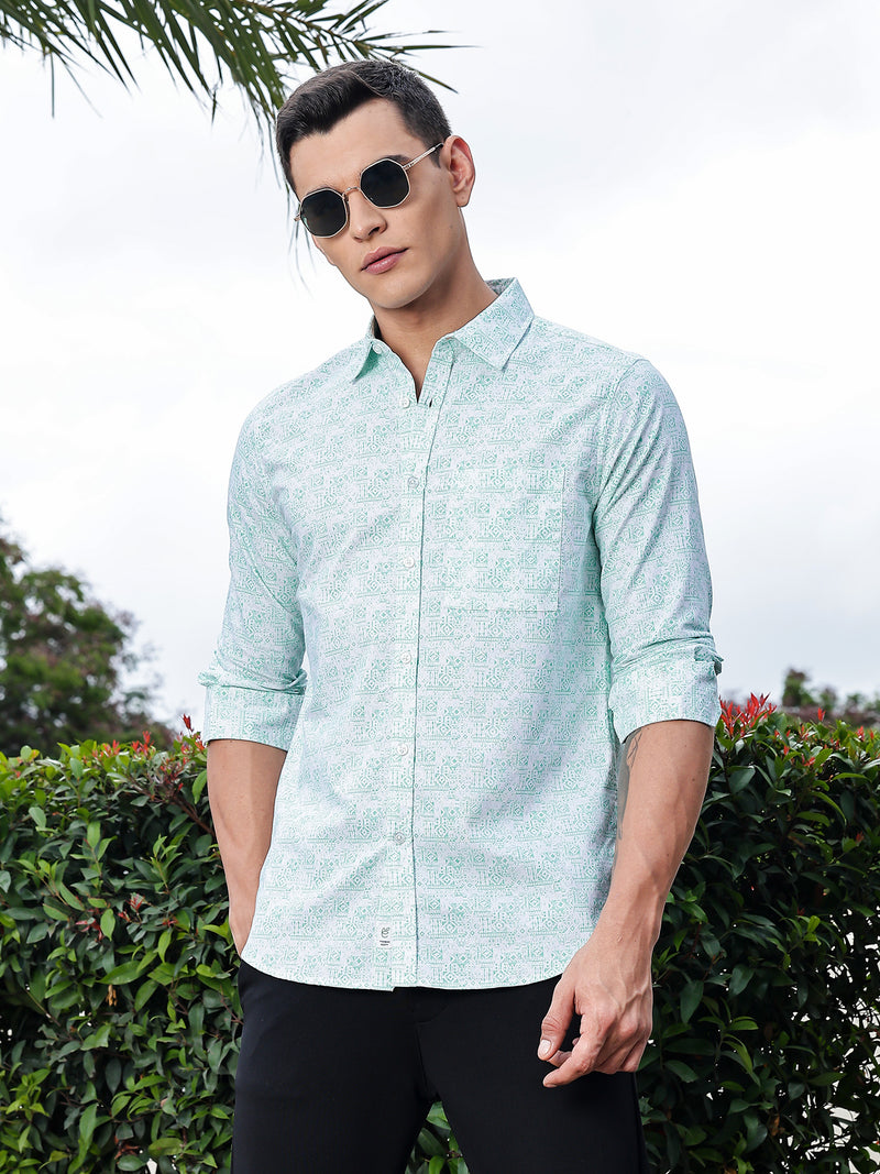 Thomas Scott Men Green Regular Fit Long Sleeves Abstract Printed Pure Cotton Casual Shirt