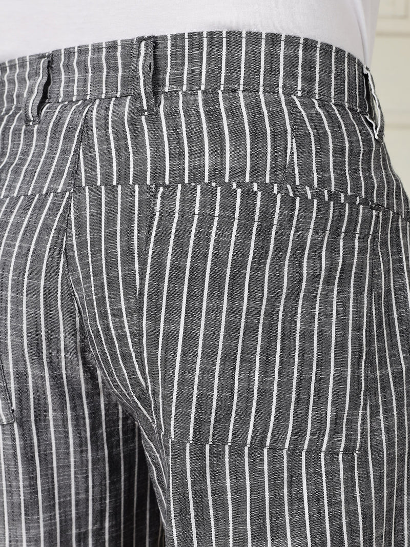 Thomas Scott Men Black Mid-Rise Straight Fit Striped Linen Trouser