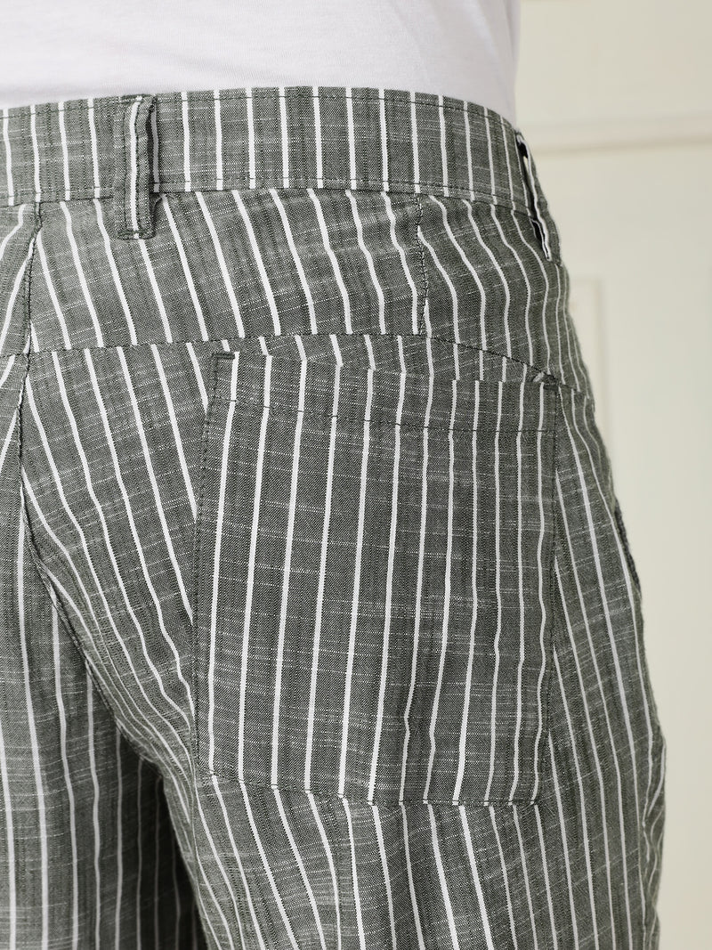 Thomas Scott Men Green Mid-Rise Straight Fit Striped Linen Trouser