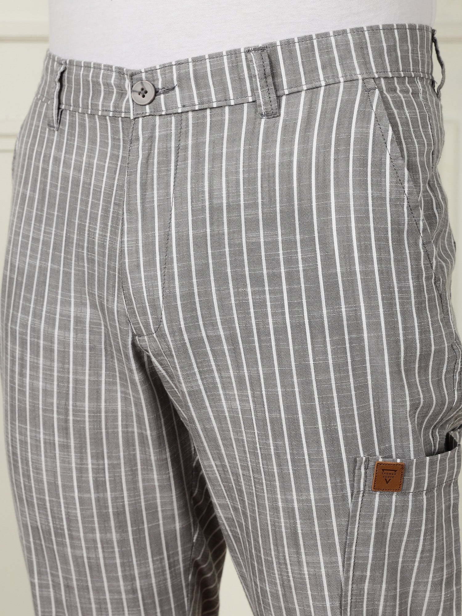 Thomas Scott Men Grey Mid-Rise Straight Fit Striped Linen Trouser