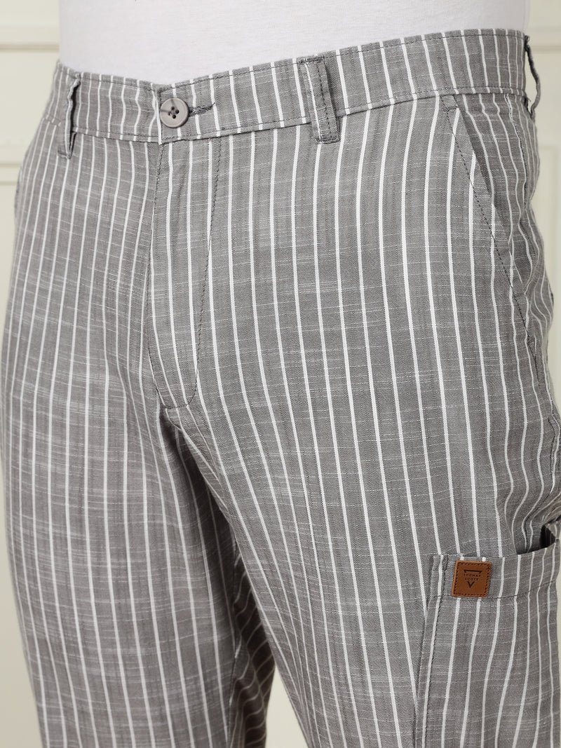 Thomas Scott Men Grey Mid-Rise Straight Fit Striped Linen Trouser