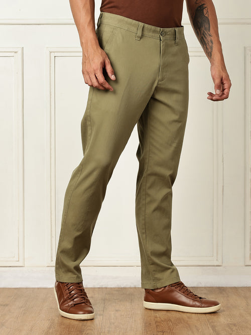 Thomas Scott Men Olive Mid-Rise Straight Fit Solid Woven Chinos Trouser