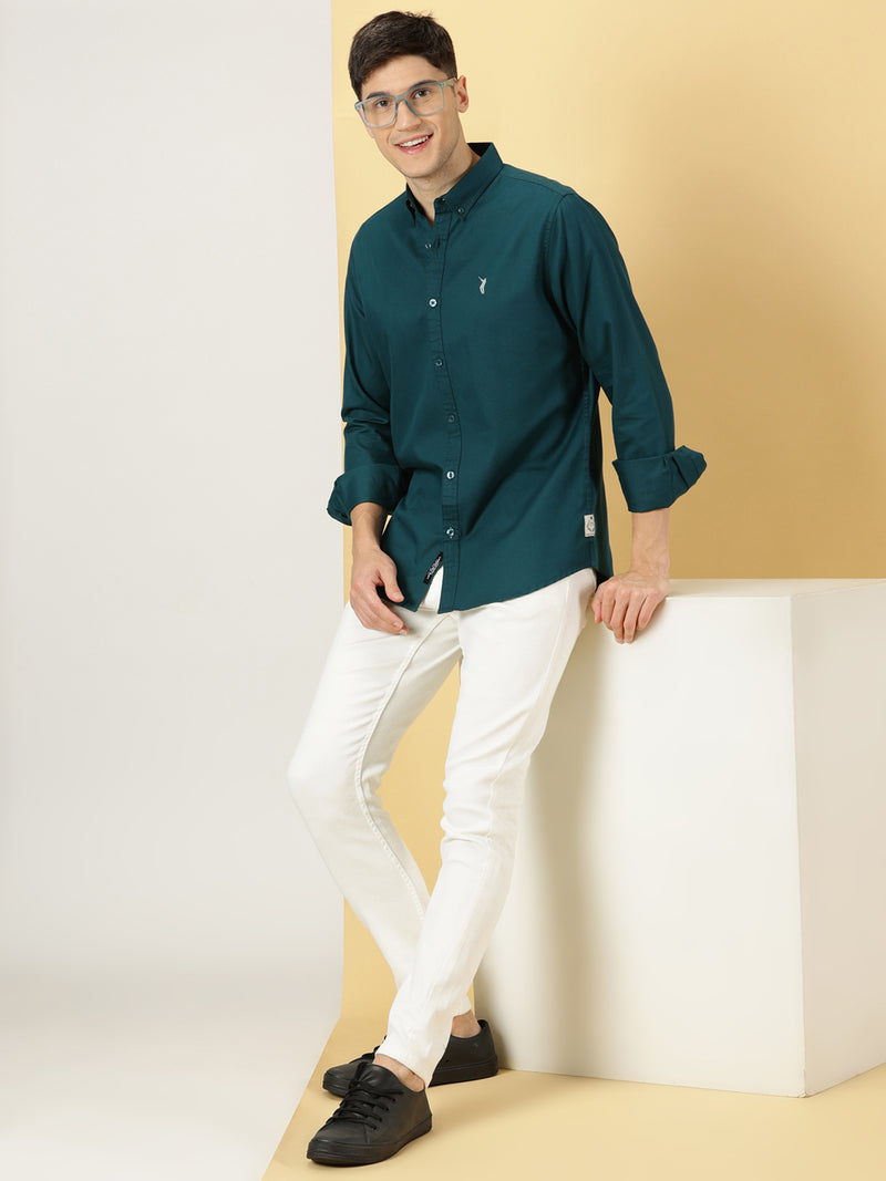 Thomas Scott Men Teal Slim Fit Long Sleeves Button Down Collar Twill Casual Shirt