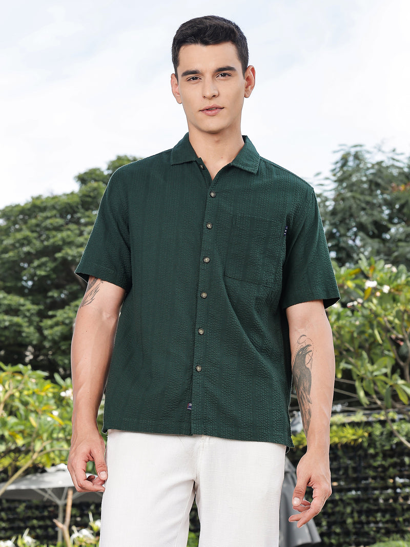 Thomas Scott Men Green Slim Fit Short Sleeves Self Design Seersucker Shirt