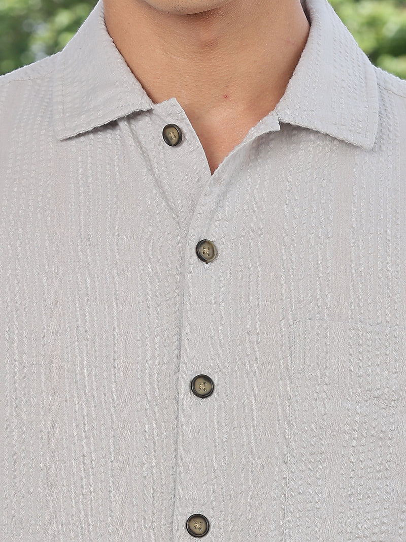 Thomas Scott Men Grey Slim Fit Short Sleeves Self Design Seersucker Shirt