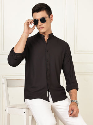 Thomas Scott Men Black Premium Slim Fit Long Sleeves Mandarin Collar 4 Way Stretch CoolMax Knitted Shirt