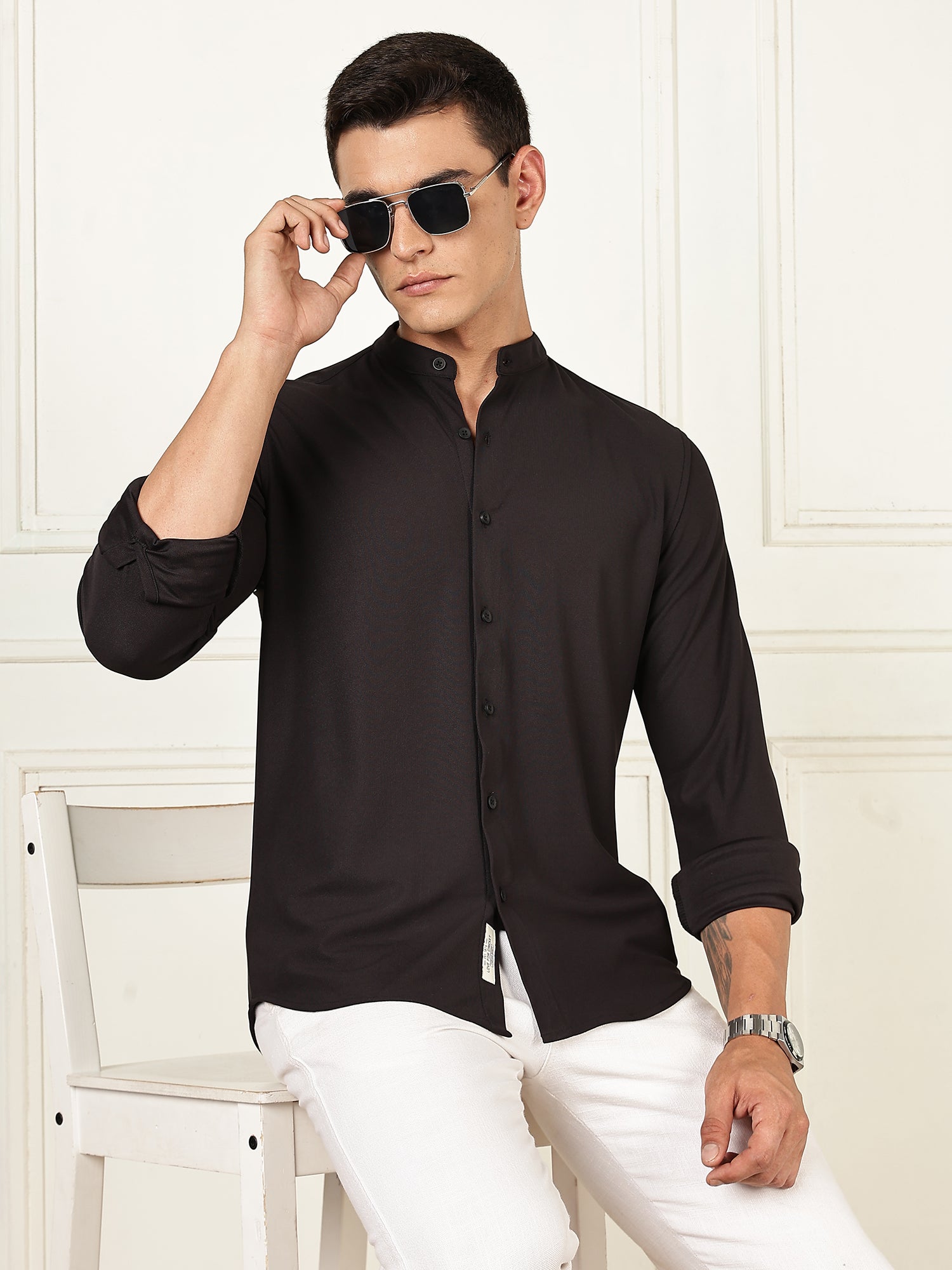 Thomas Scott Men Black Premium Slim Fit Long Sleeves Mandarin Collar 4 Way Stretch CoolMax Knitted Shirt