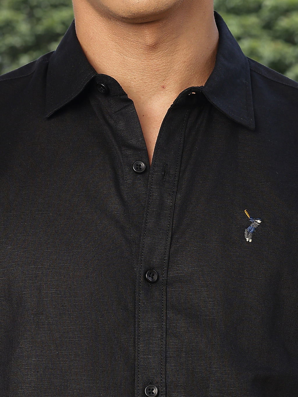 Thomas Scott Men Black Slim Fit Long Sleeves Spread Collar Linen Casual Shirt