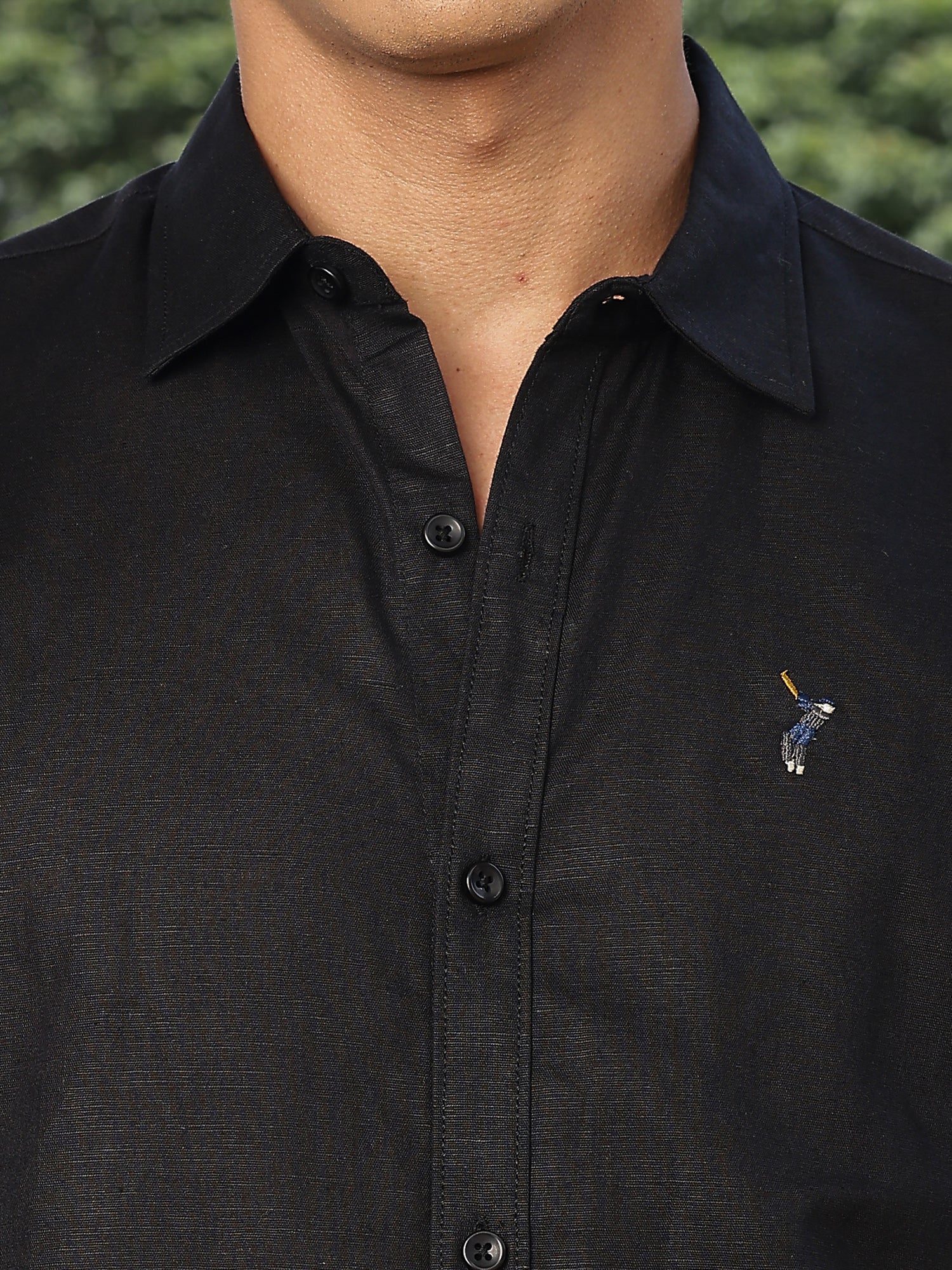 Thomas Scott Men Black Slim Fit Long Sleeves Spread Collar Linen Casual Shirt