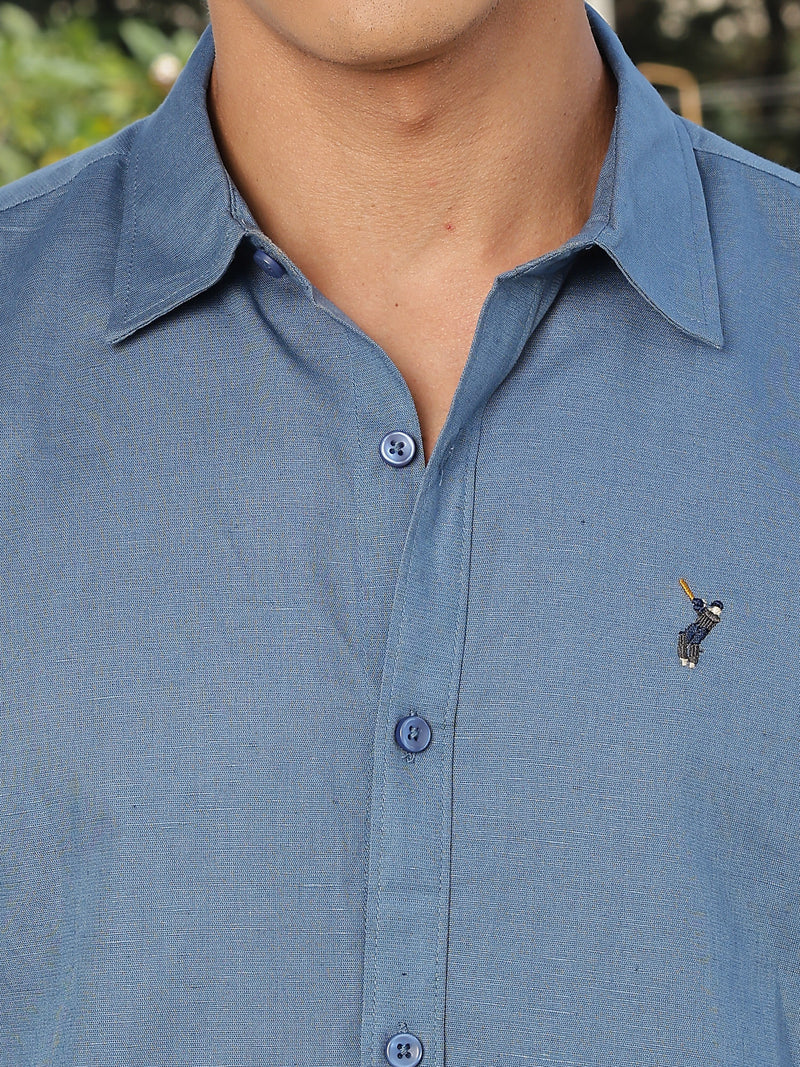 Thomas Scott Men Blue Slim Fit Long Sleeves Spread Collar Linen Casual Shirt