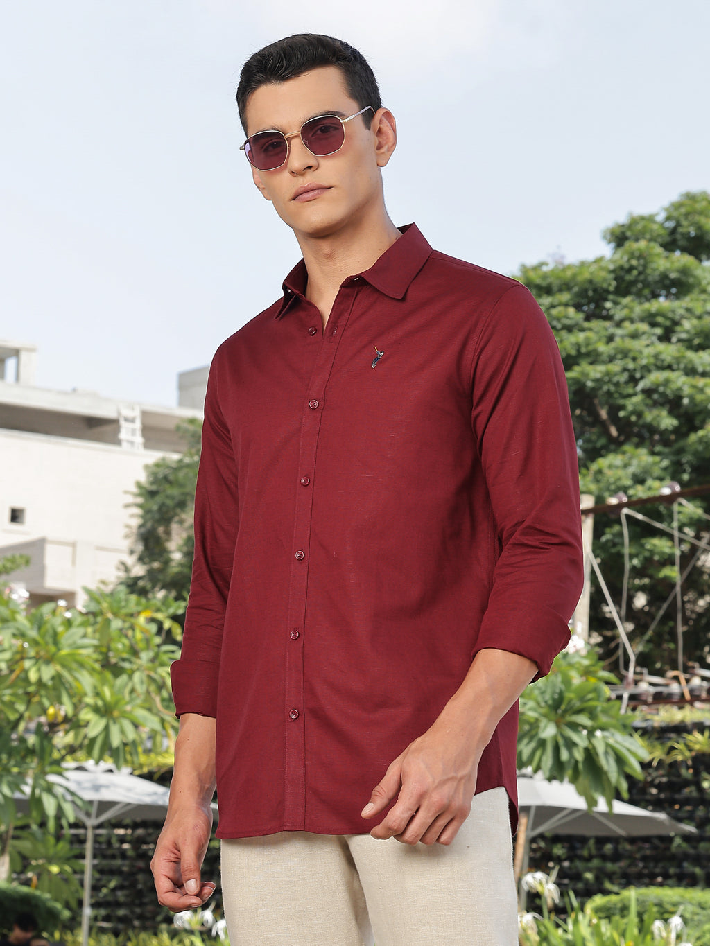 Thomas Scott Men Maroon Slim Fit Long Sleeves Spread Collar Linen Casual Shirt