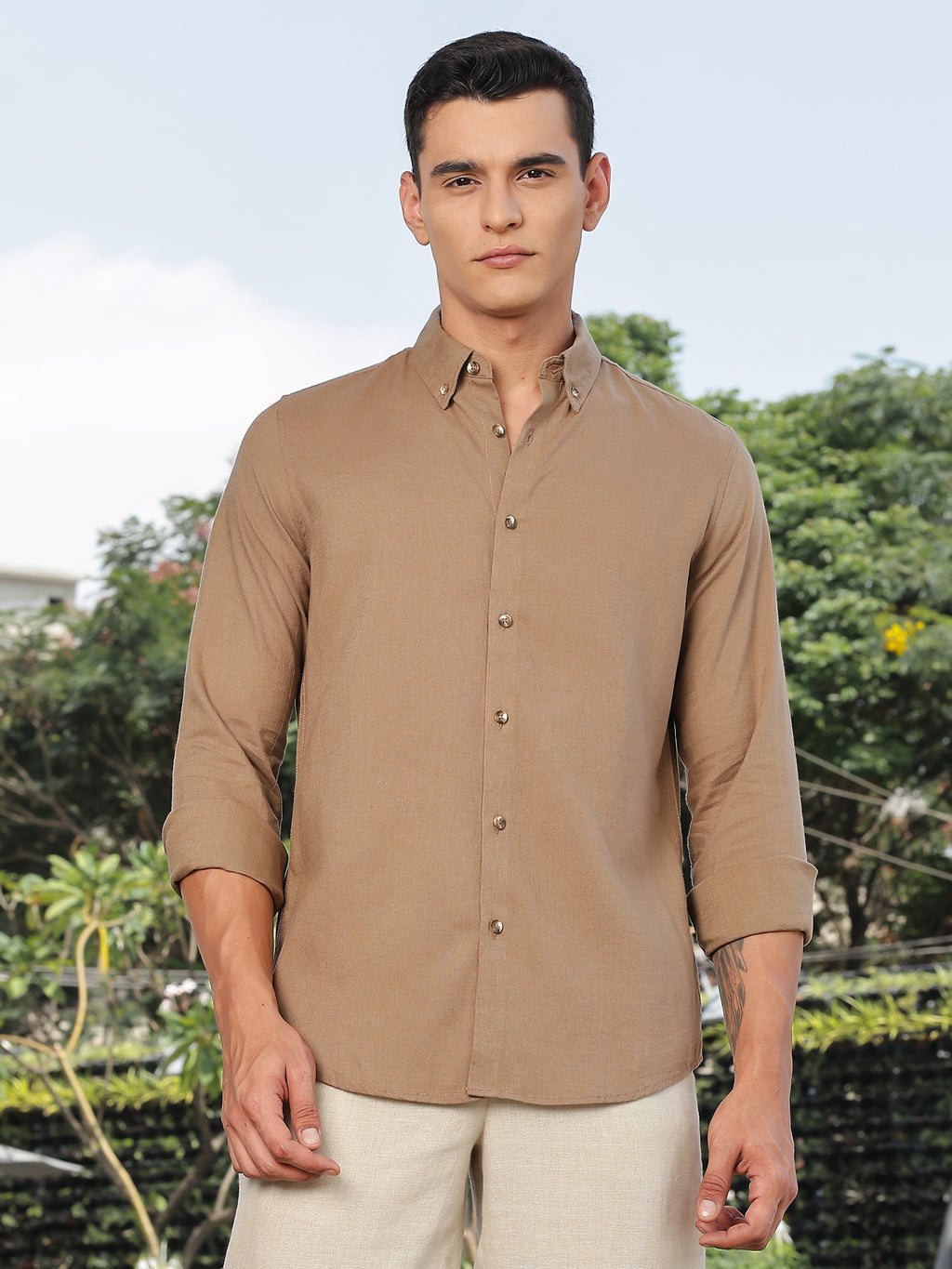 Thomas Scott Men Brown Slim Fit Long Sleeves Button-Down Collar Lyocel Linen Casual Shirt