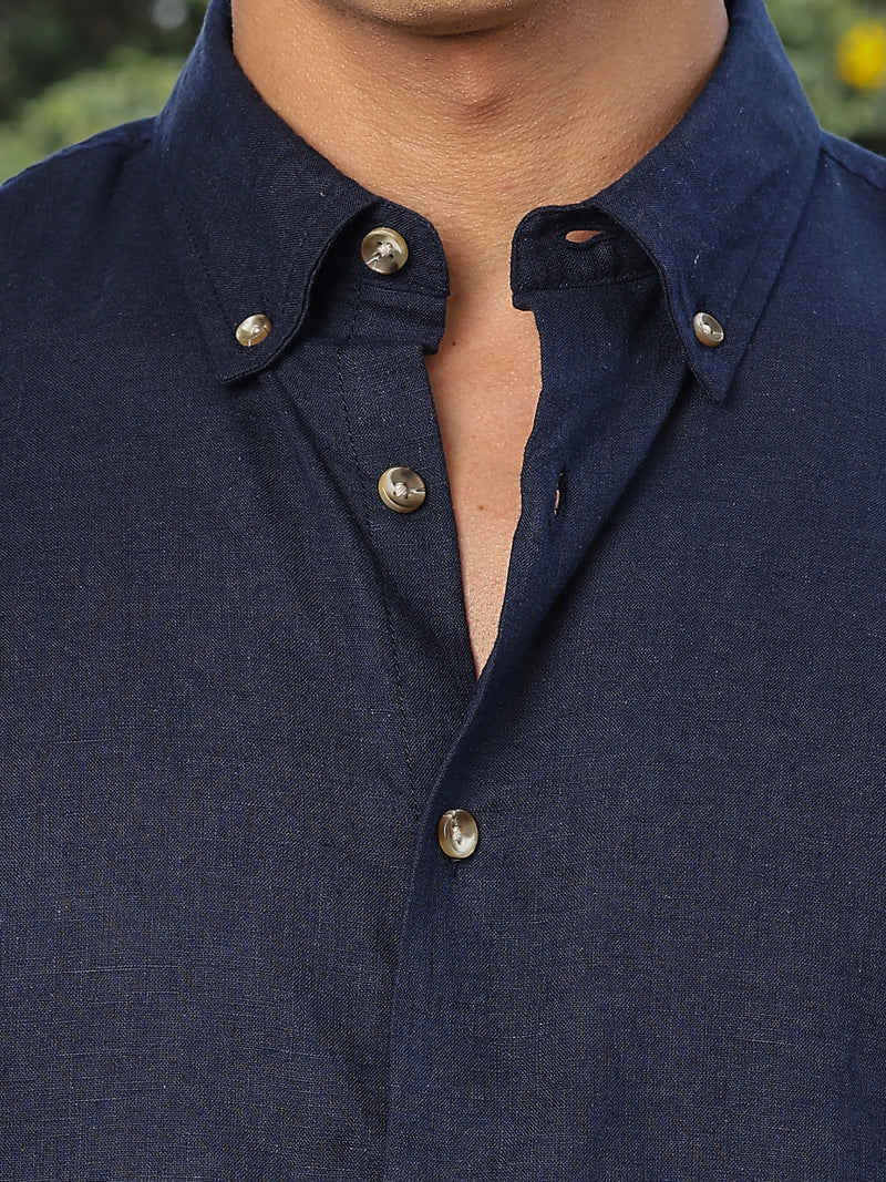 Thomas Scott Men Navy Slim Fit Long Sleeves Button-Down Collar Lyocel Linen Casual Shirt