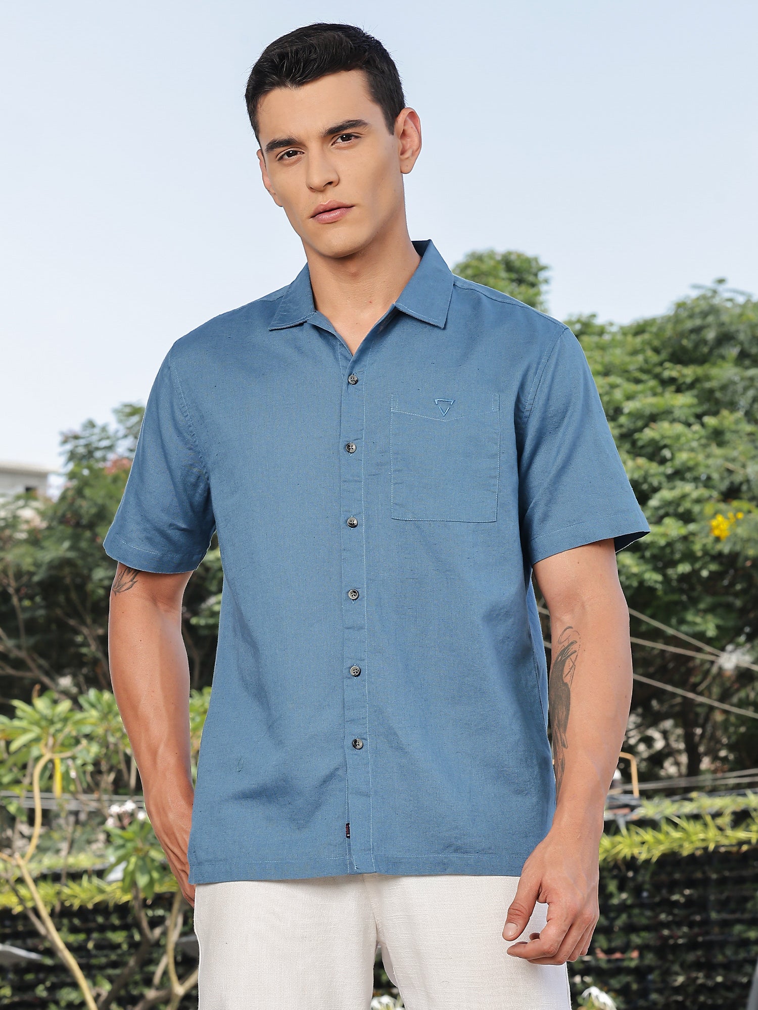Thomas Scott Men Dark Blue Short Sleeves Oversized Cotton Linen Casual Shirt