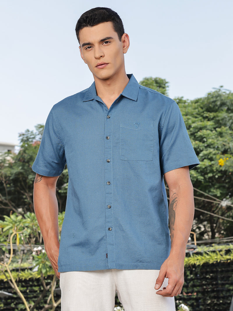 Thomas Scott Men Dark Blue Short Sleeves Oversized Cotton Linen Casual Shirt