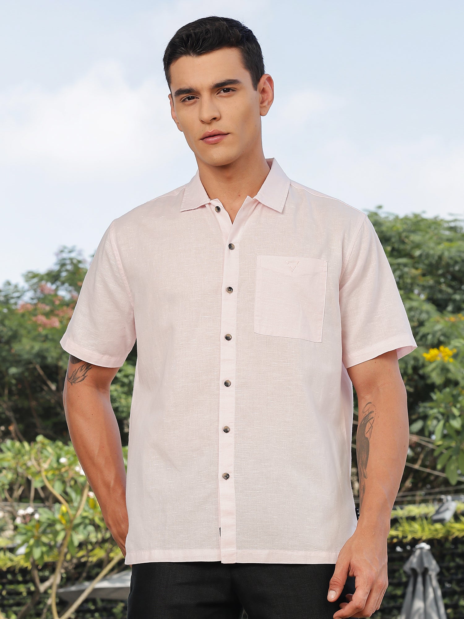 Thomas Scott Men Pink Short Sleeves Oversized Cotton Linen Casual Shirt